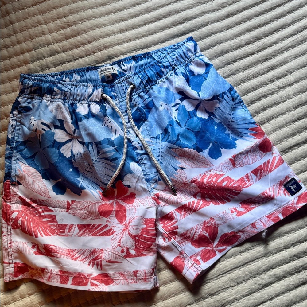 Patriotic Blue and Red Swim Trunks with Star Design